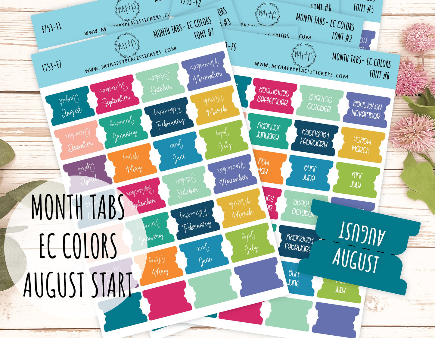 Month Tab Stickers for Planners. EC COLORS. August Start. Tabs for Planners. Month Stickers || F753
