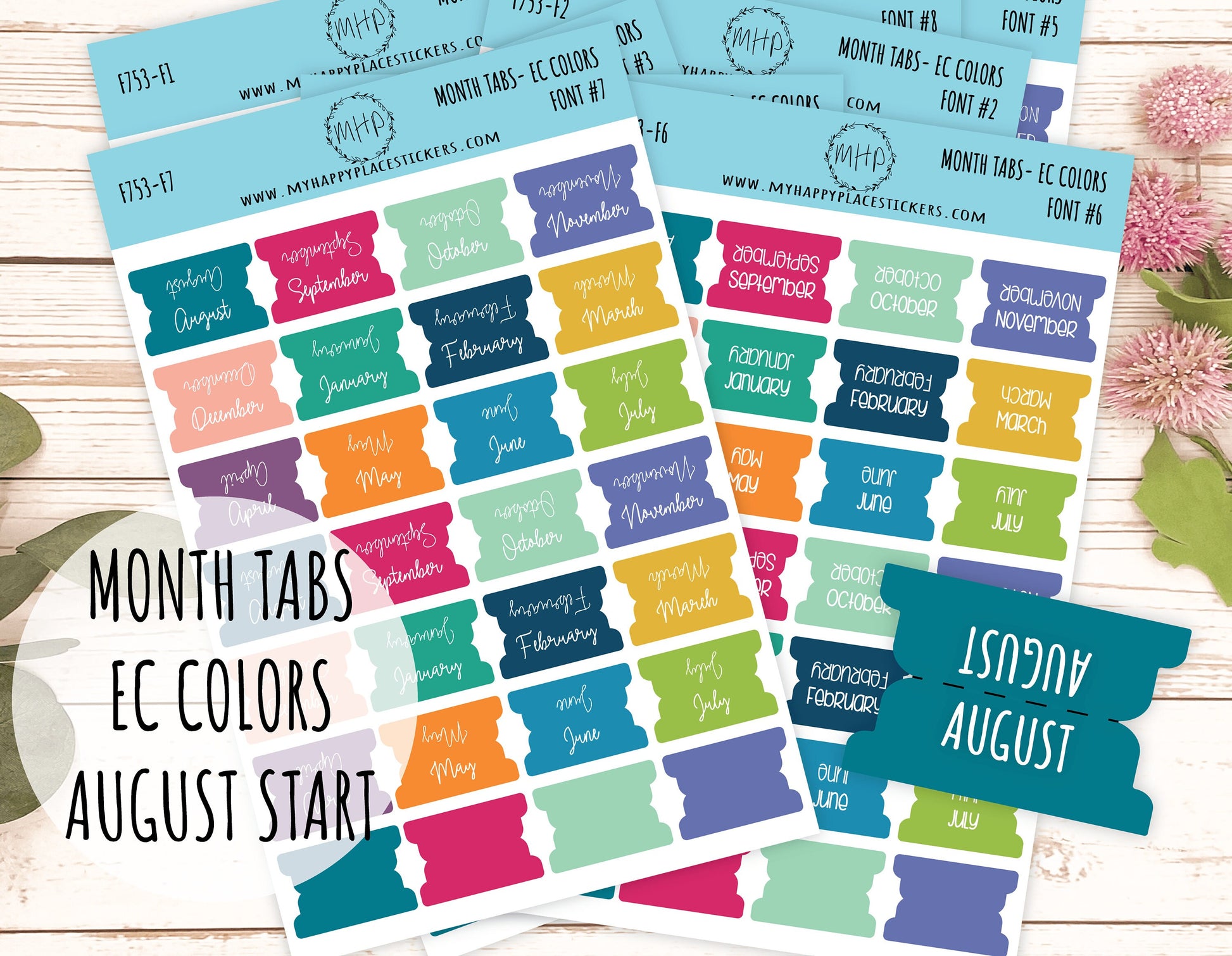 Month Tab Stickers for Planners. EC COLORS. August Start. Tabs for Planners. Month Stickers || F753