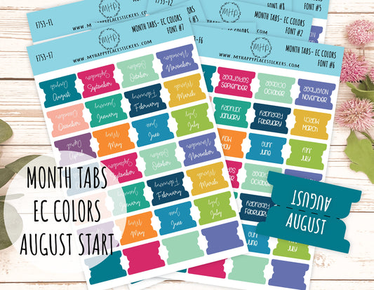 Month Tab Stickers for Planners. EC COLORS. August Start. Tabs for Planners. Month Stickers || F753