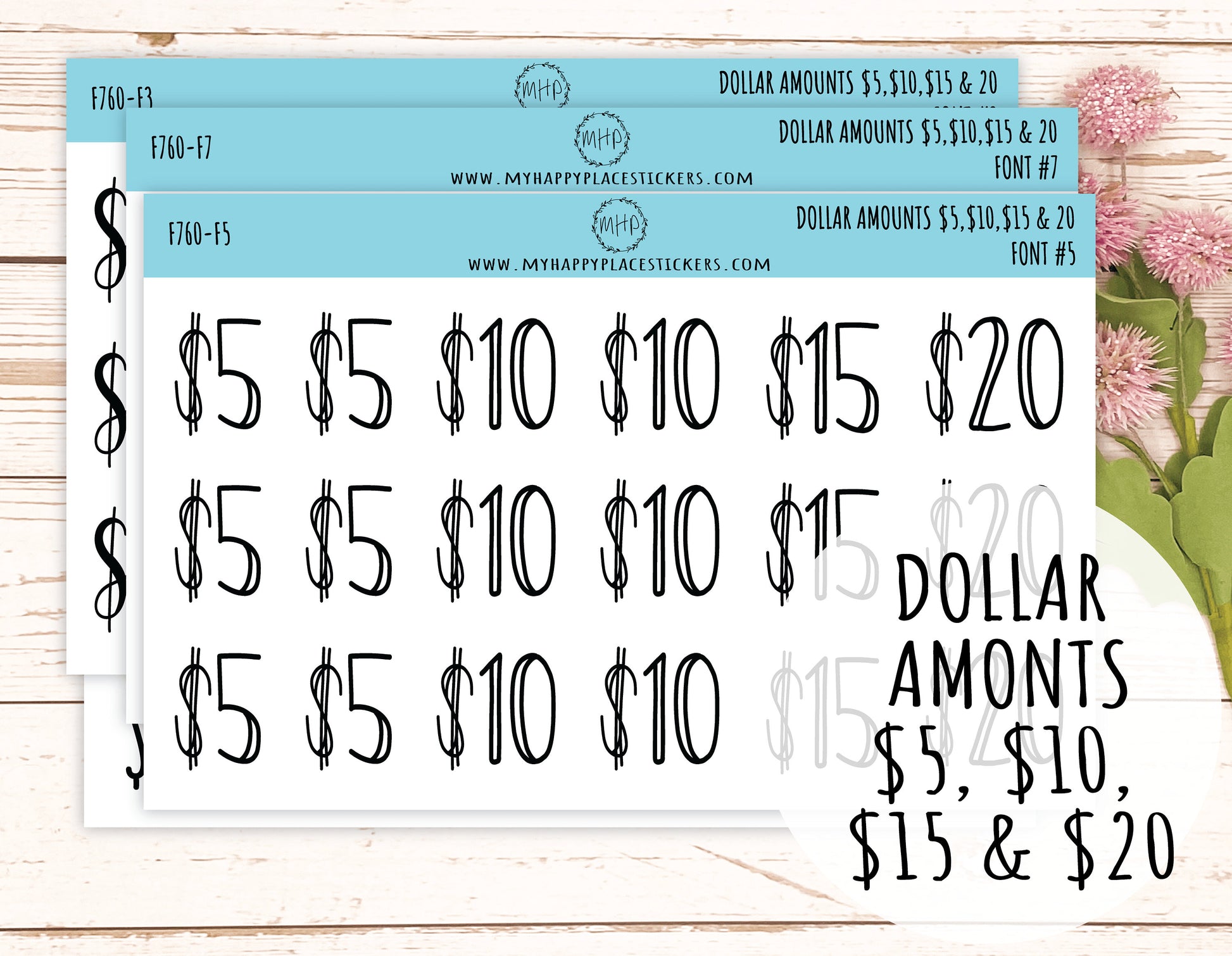 Dollar Amount Stickers. 5, 10, 15 & 20. Dollar Stickers. || F760