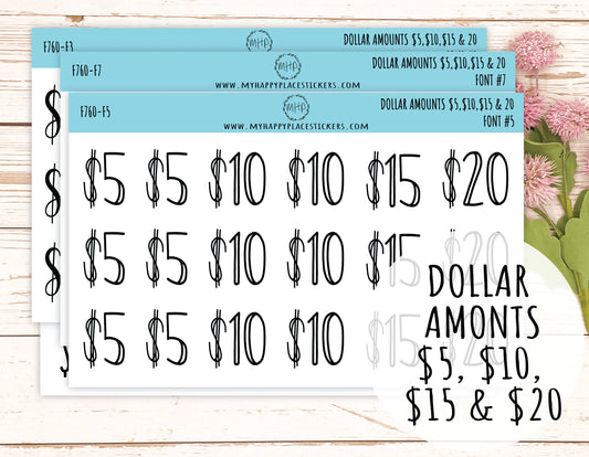 Dollar Amount Stickers. 5, 10, 15 & 20. Dollar Stickers. || F760