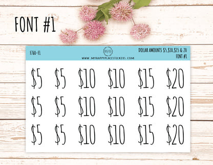 Dollar Amount Stickers. 5, 10, 15 & 20. Dollar Stickers. Saving and Budget Stickers|| F760