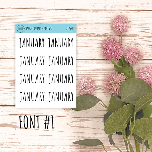Large JANUARY Stickers for Planners, Organizers, Bullet Journals. Perfect for EC and Classic HP. 12 Fonts to Choose From || Q126