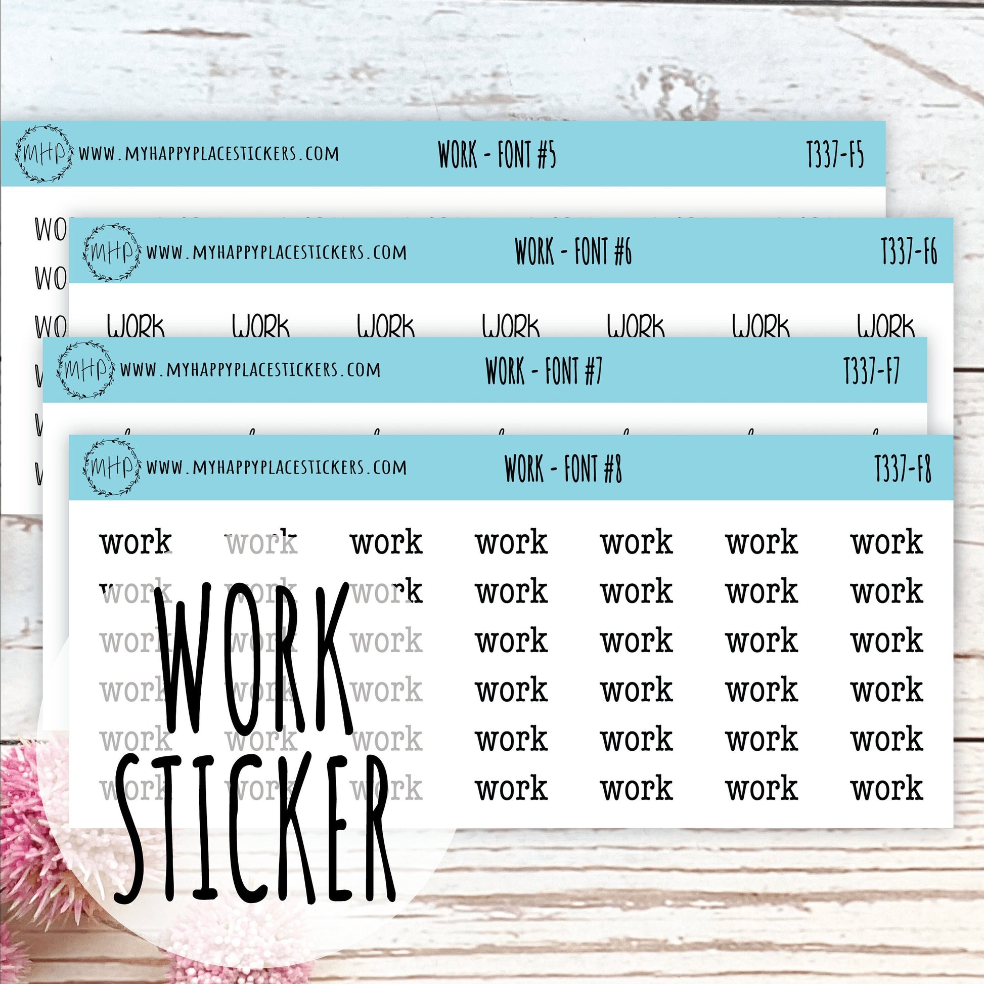 WORK Stickers for Planner and Bullet Journals. 7 Fonts to Choose From || T337