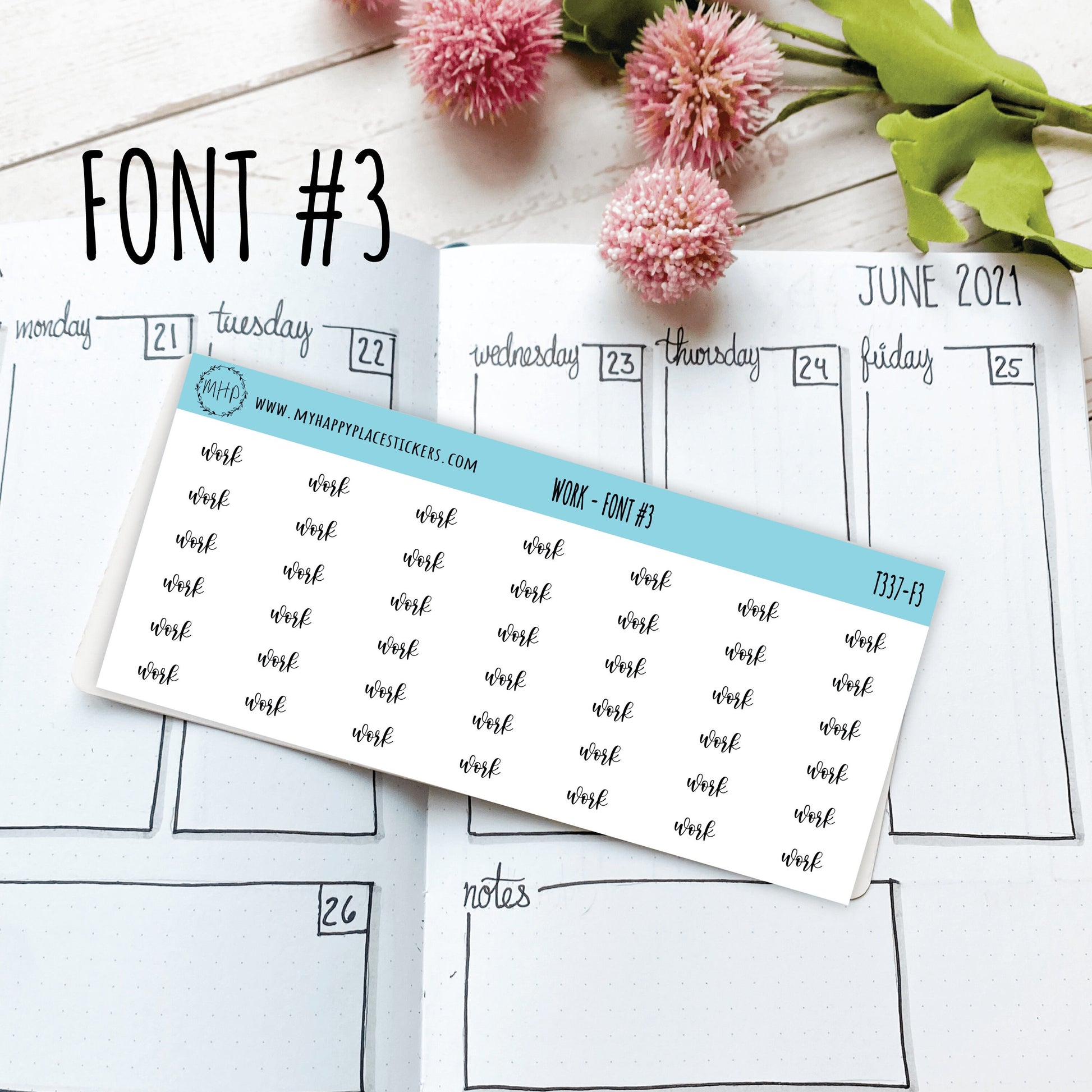 WORK Stickers for Planner and Bullet Journals. 7 Fonts to Choose From || T337