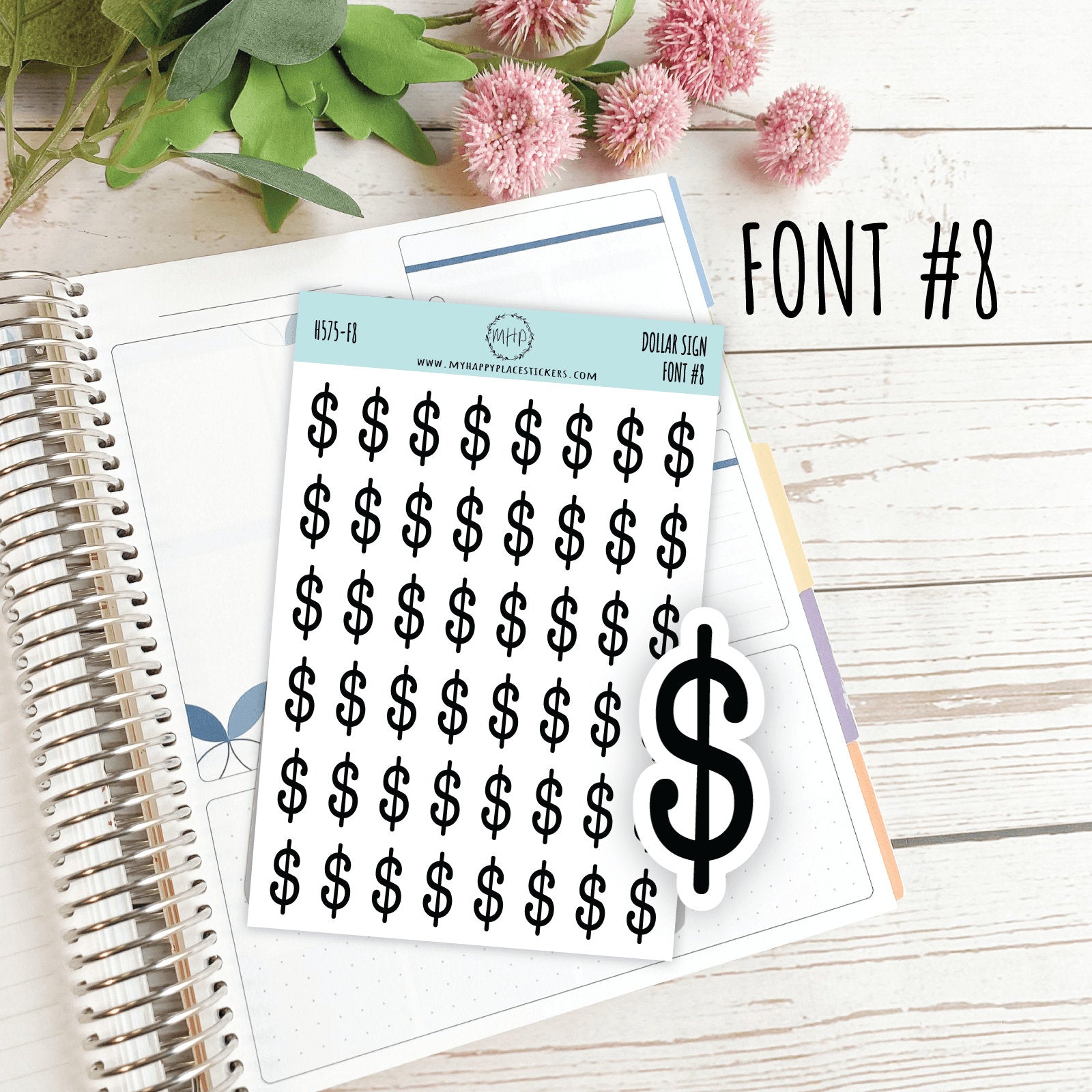 Dollar Sign Stickers for Planners, Saving Envelopes and Saving Challenges. 8 Fonts to Choose From. Gold, Silver and Rose Gold Foil || H575
