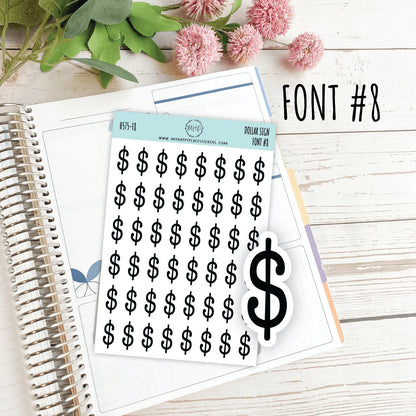 Dollar Sign Stickers for Planners, Saving Envelopes and Saving Challenges. 8 Fonts to Choose From. Gold, Silver and Rose Gold Foil || H575