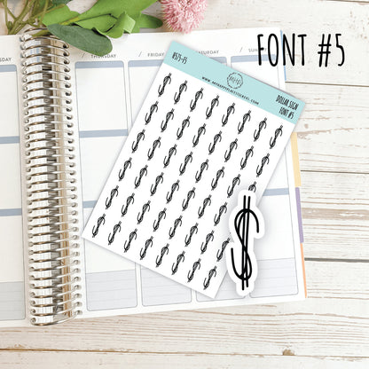 Dollar Sign Stickers for Planners, Saving Envelopes and Saving Challenges. 8 Fonts to Choose From. Gold, Silver and Rose Gold Foil || H575