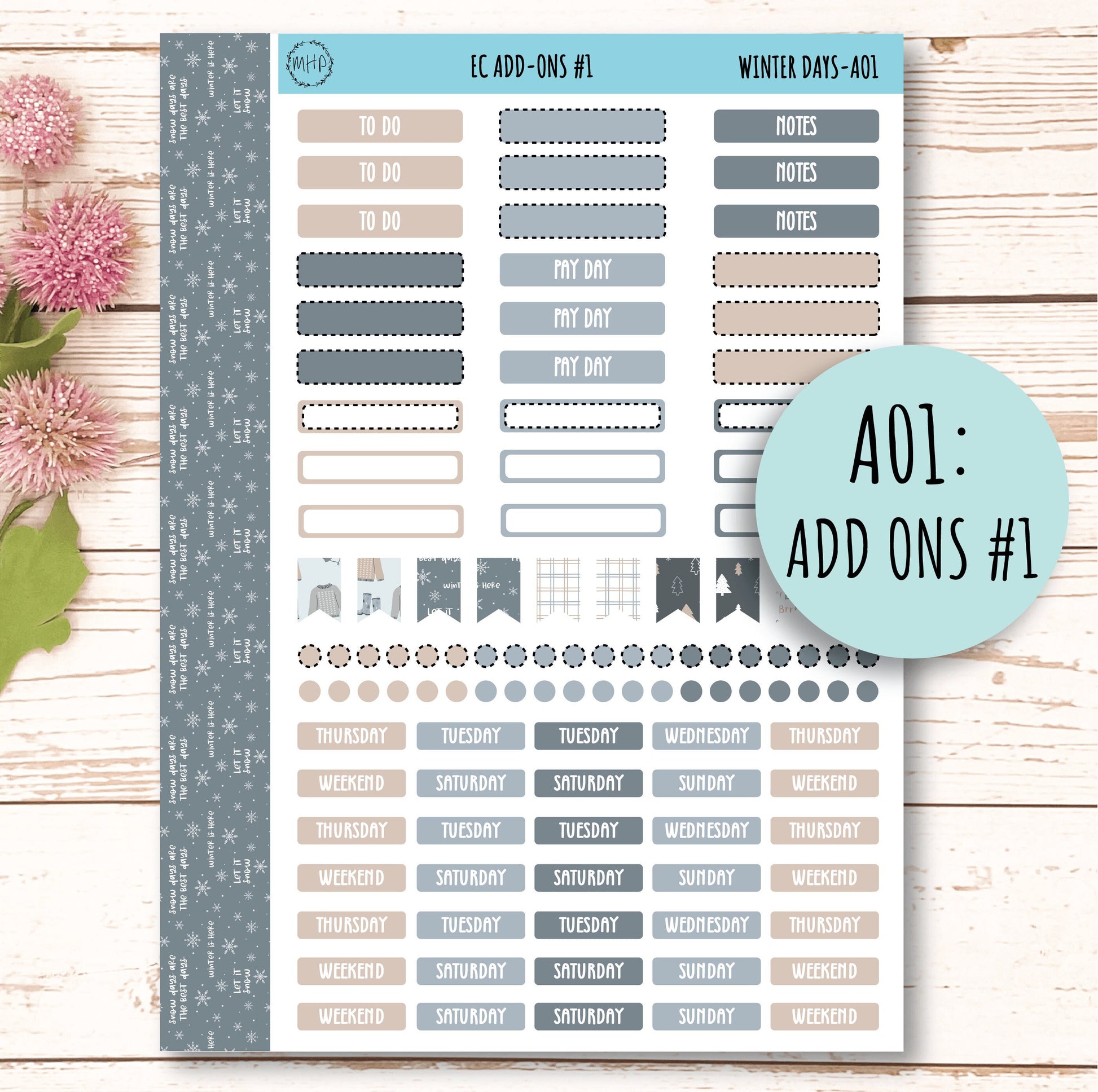 Add Ons Stickers for 7x9 Erin Condren Planners. JANUARY Winter Days ||  WD-AO