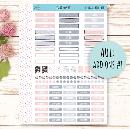 Add Ons Stickers for 7x9 Planners. FEBRUARY Valentines Day Stickers "Celebrate Love" || CL-AO