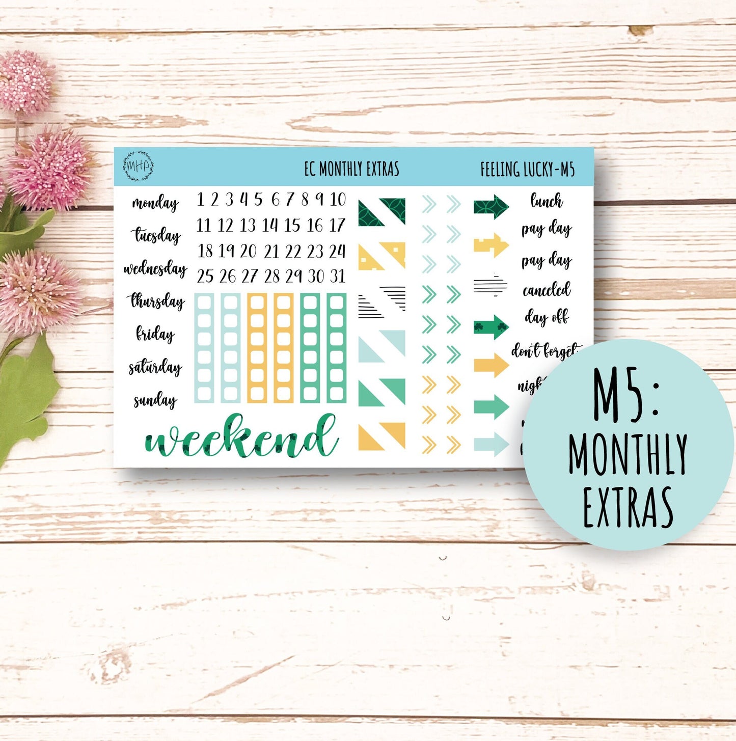 MARCH Monthly Kit Stickers for 7x9 Planners. "Feeling Lucky || FL-M