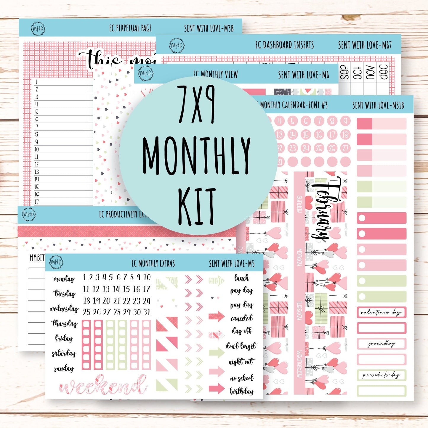 FEBRUARY Monthly Kit Stickers for 7x9 Planners. Valentine's Day. "Send With Love" || SWL-M